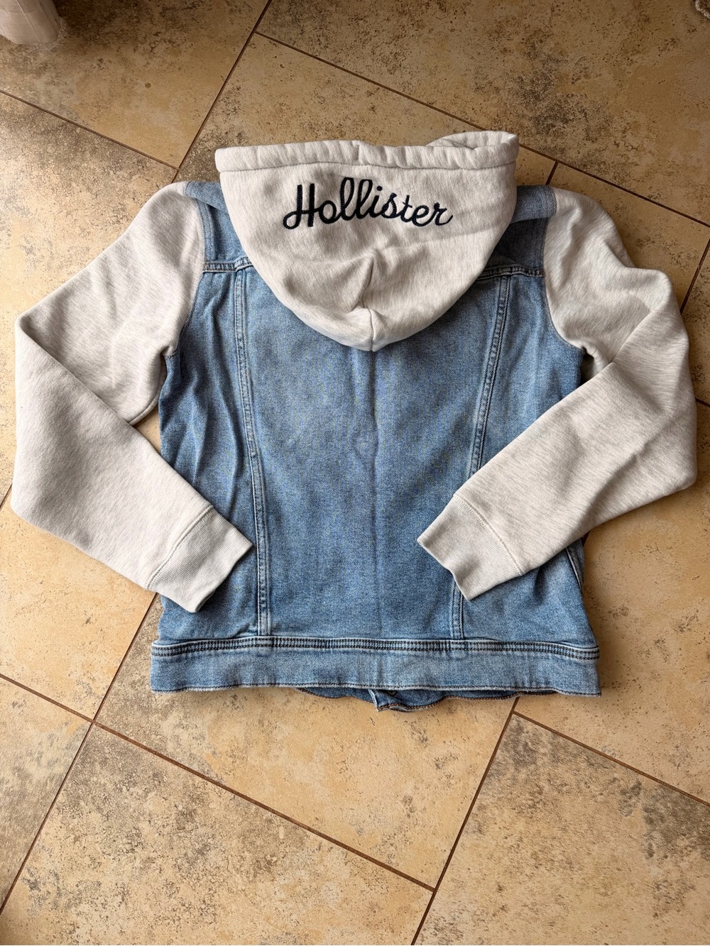 Hollister Hooded Denim Trucker Jacket Gray Sweatshirt Sleeves Embroidered Logo M - Picture 5 of 5